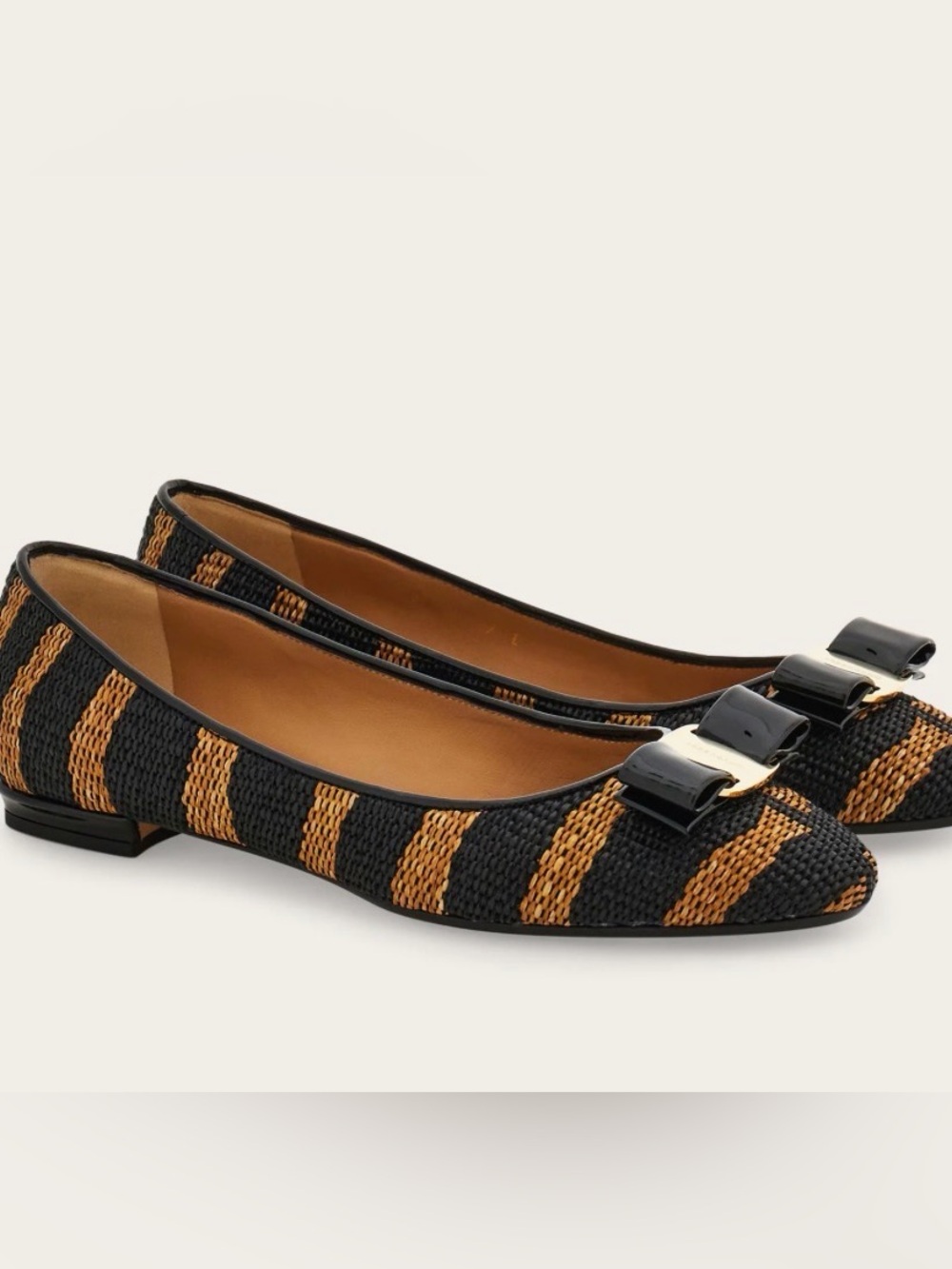 FERRAGAMO Varina Raffia Ballet Flats In Zebra Stripe Print